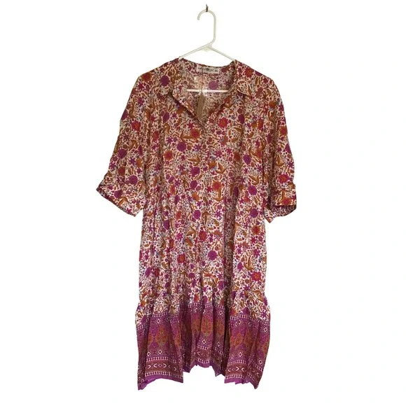 Natural Life Women's Pink Becca Floral Boho Tiered Mini Dress Size XL NWT - Picture 2 of 8